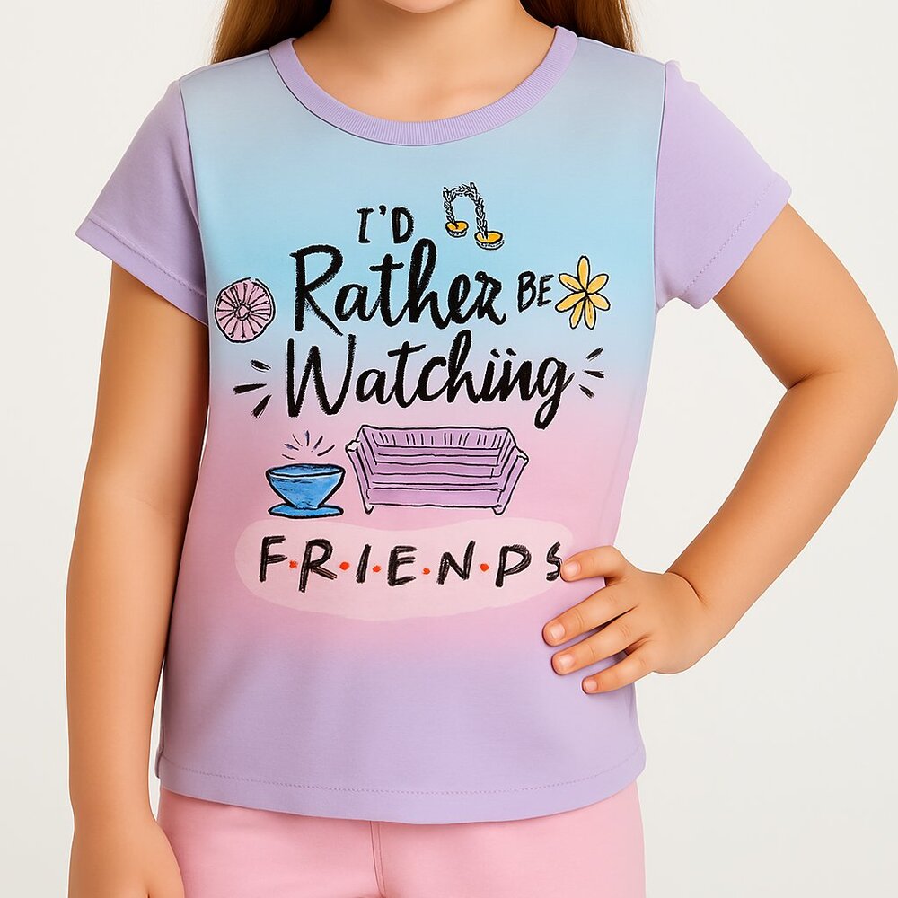 Friends Girls Pajama Top Short Sleeve Purple Pink Graphic Medium 7/8